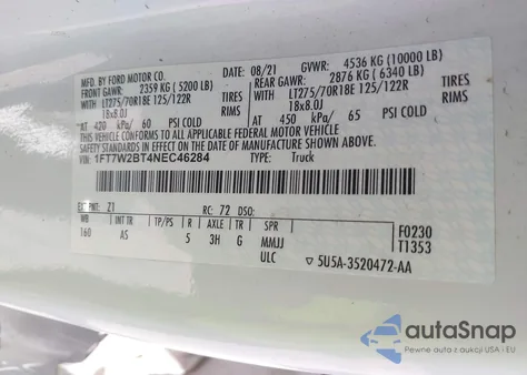 2022 Ford F-250 Xl z USA, uszkodzony, nr VIN 1FT7W2BT4NEC46284